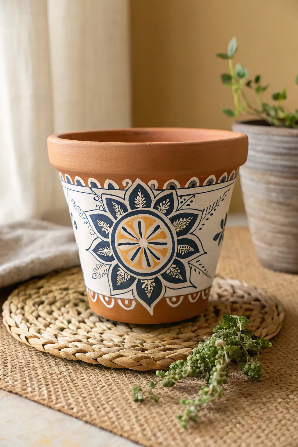 Bold boho mandala on a terra cotta pot, styled minimally on a woven mat with trailing greenery.