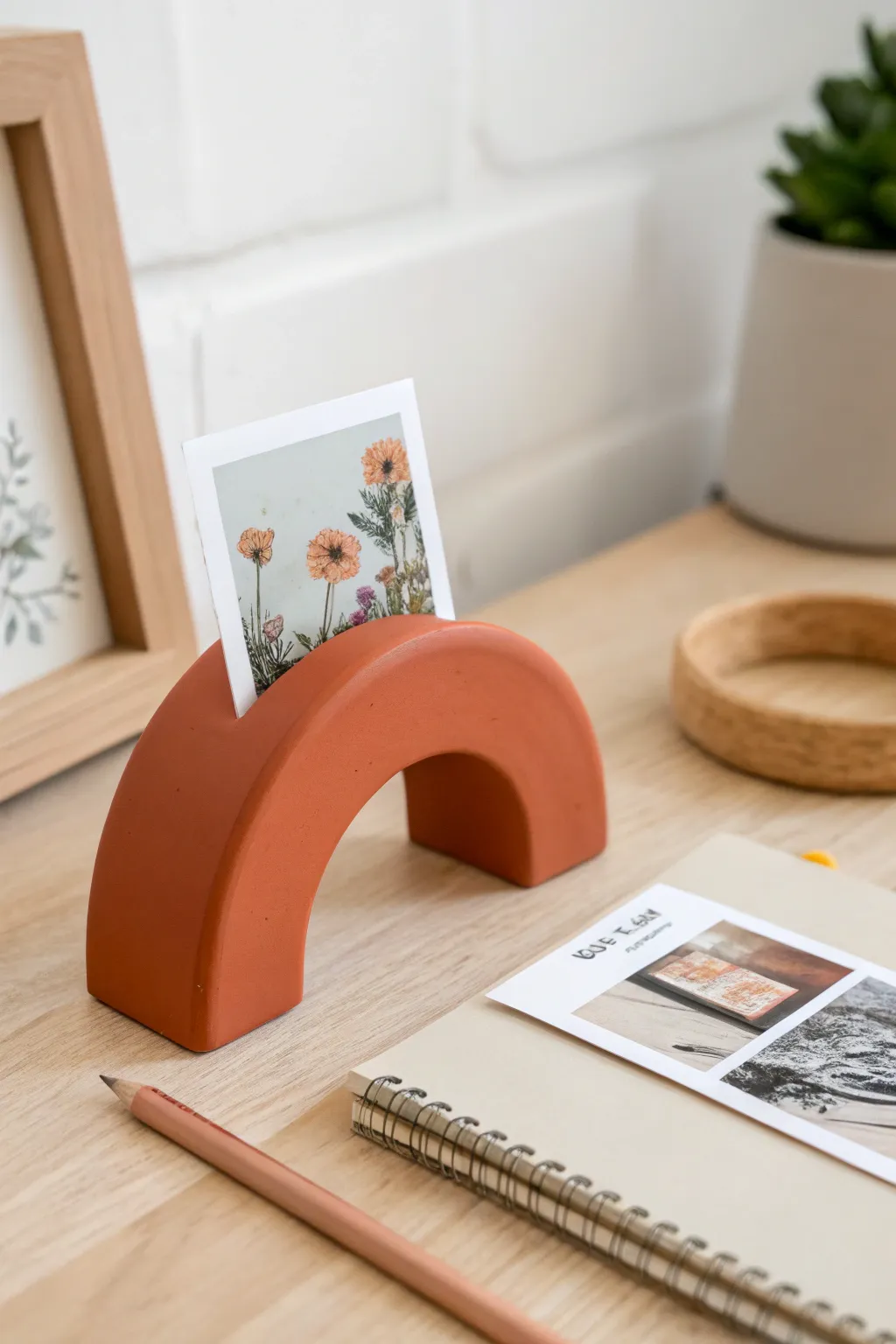 Warm terracotta photo and card stand for a minimalist Scandinavian desk with a cozy boho touch.