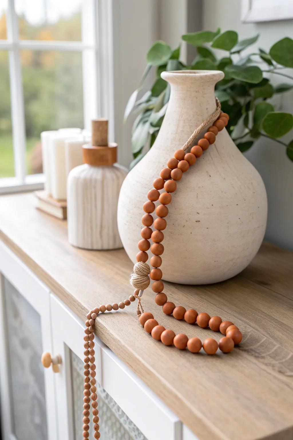 Chunky terracotta and wood bead garland draped on a vase for warm minimalist boho charm