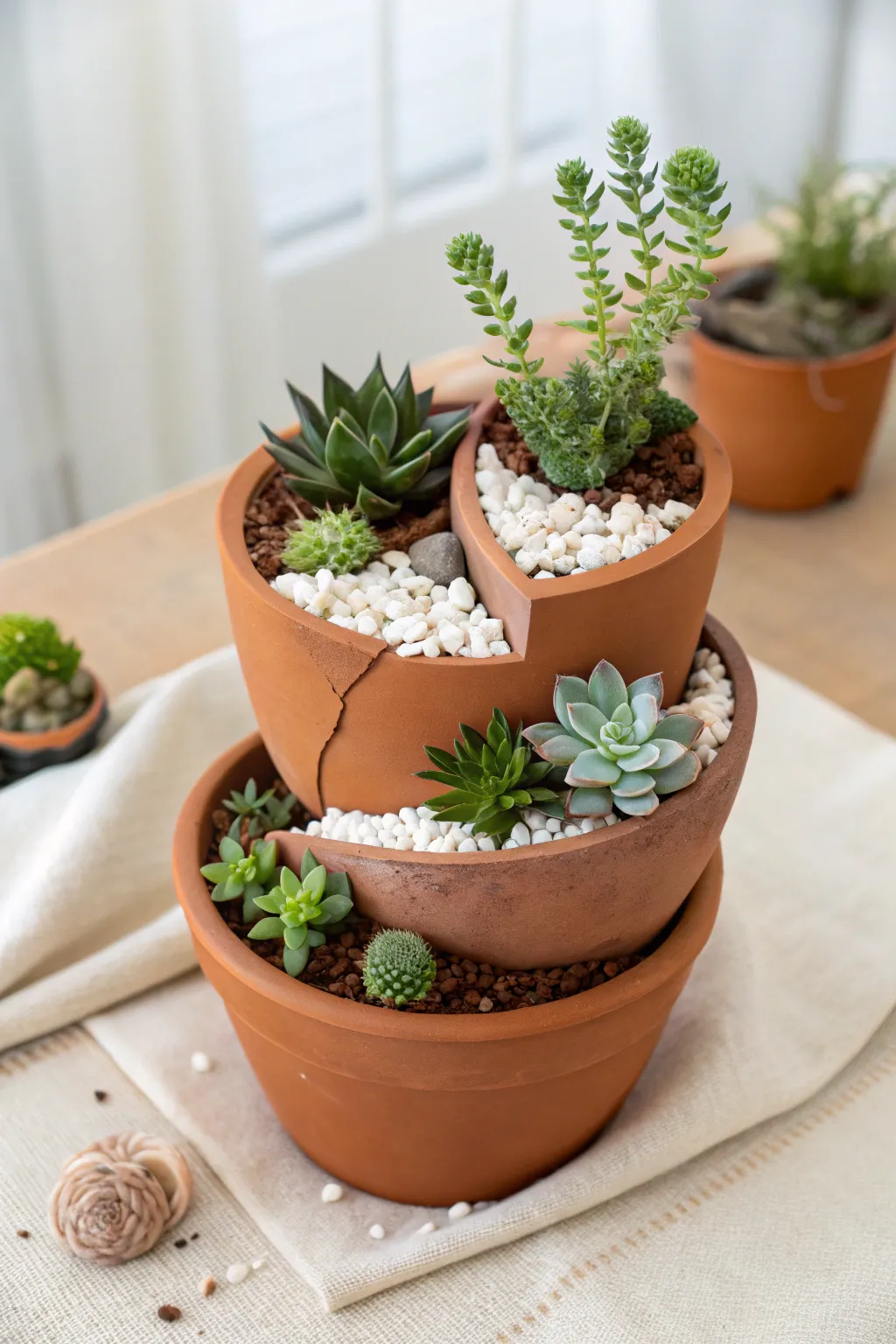 Turn a broken terracotta pot into a tiny terraced succulent garden with stones and sandy layers.