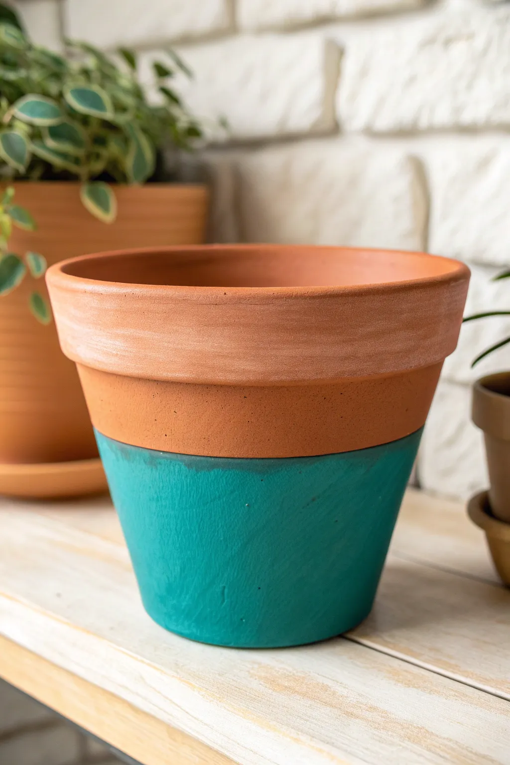 Crisp dip-dyed look: natural terracotta meets bold color in a clean, modern two-tone pot.