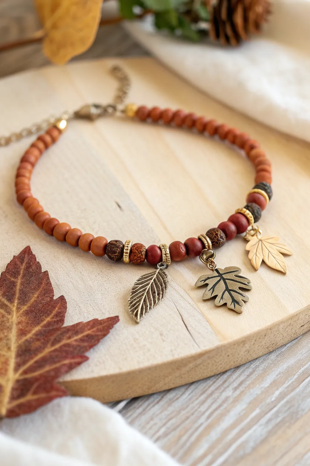Leaf charm cluster bracelet in rust, mustard and burgundy heishi beads for Thanksgiving warmth.