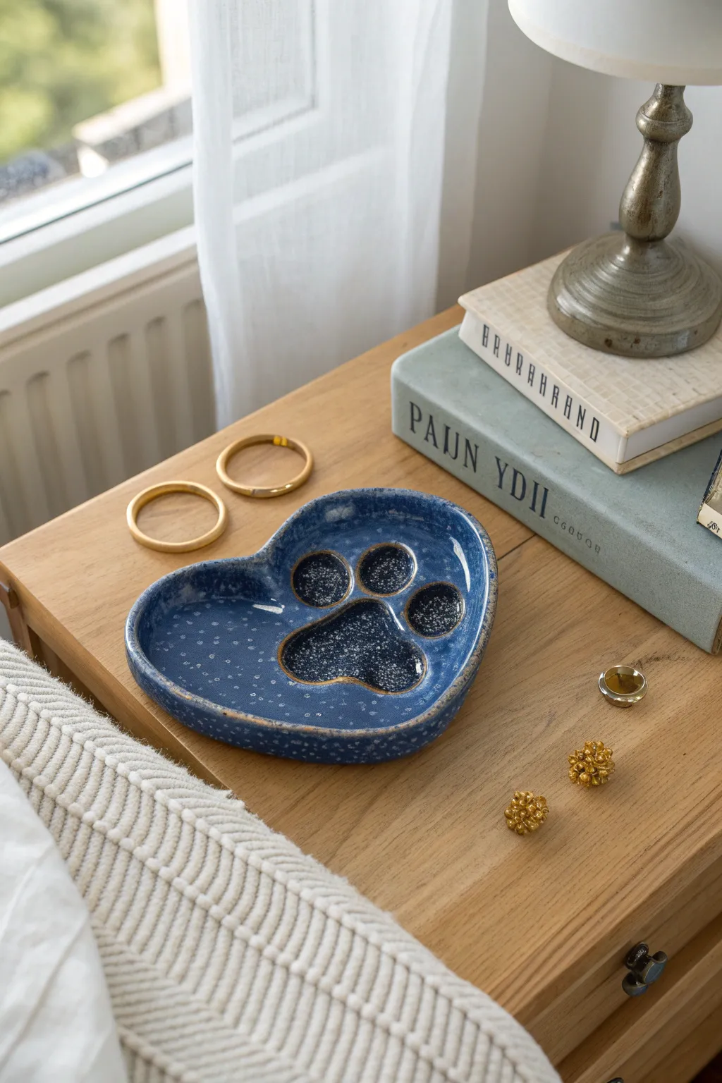 Cozy paw-print trinket dish in bold glaze, perfect for rings on a minimalist bedside table.