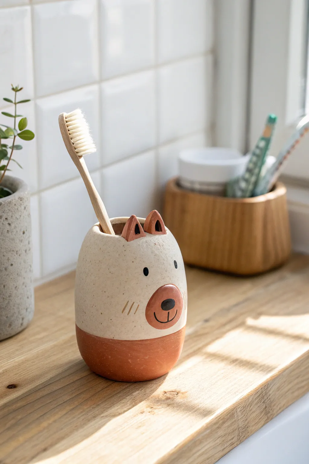 Minimal animal head toothbrush holder in matte terracotta, a cute and practical clay idea