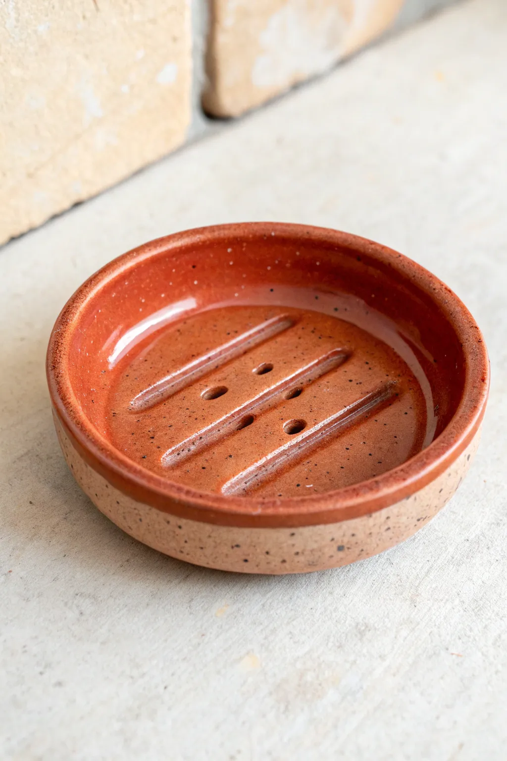 Minimal thrown soap dish with drainage grooves, bold terracotta glaze, and calm Scandinavian styling.