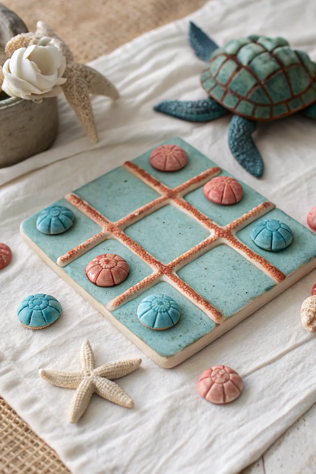 Sea-blue reef tic tac toe set with coral grid and cute turtle vs octopus clay pieces