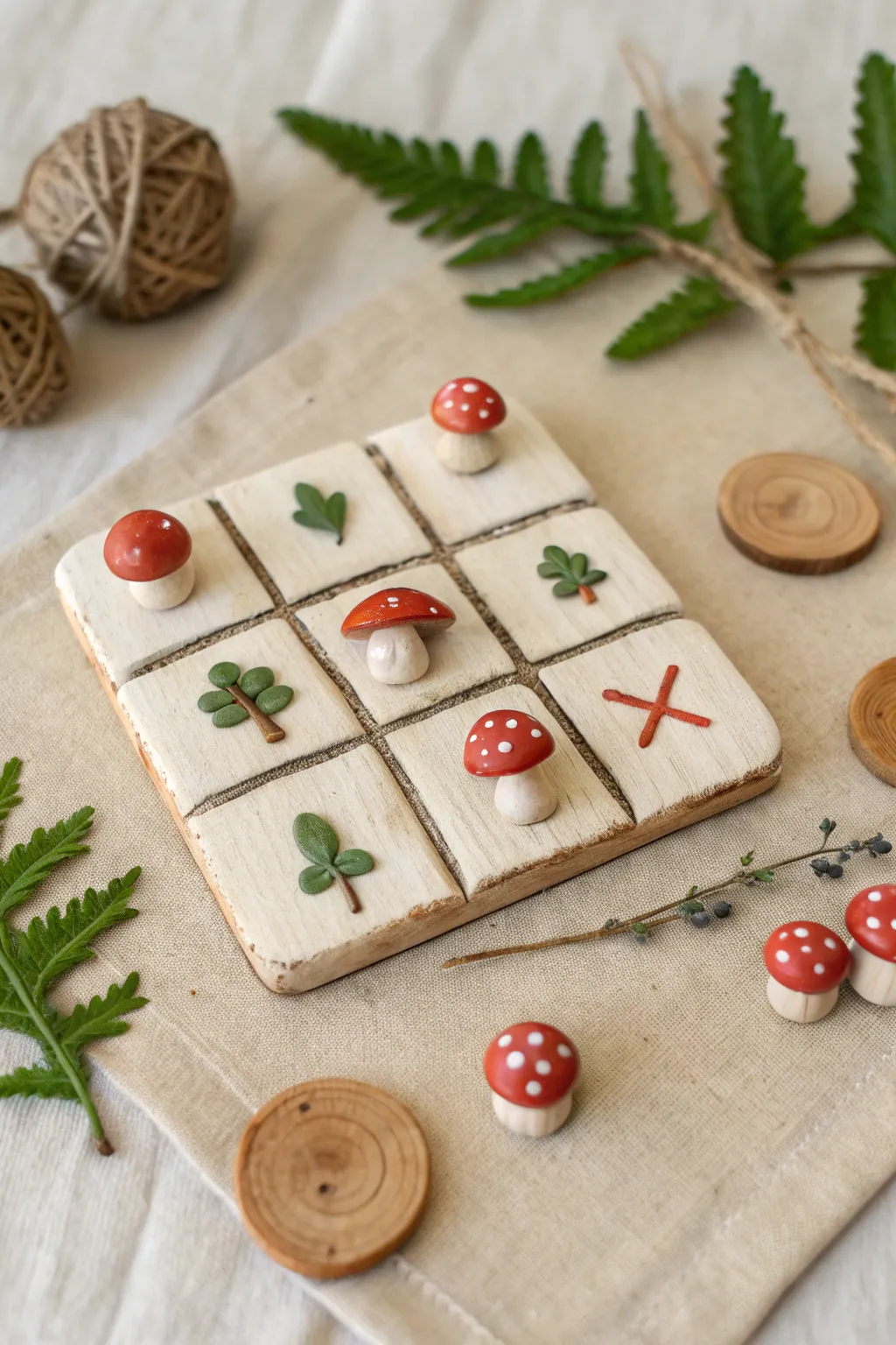 Mushroom vs snail clay tic tac toe set in warm forest tones, minimalist and beautifully handmade