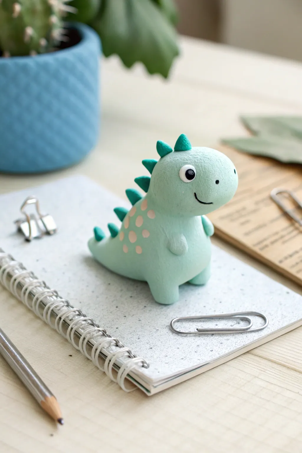 Tiny pastel dino buddy with soft spikes, beside a paperclip to show its sweet mini scale.