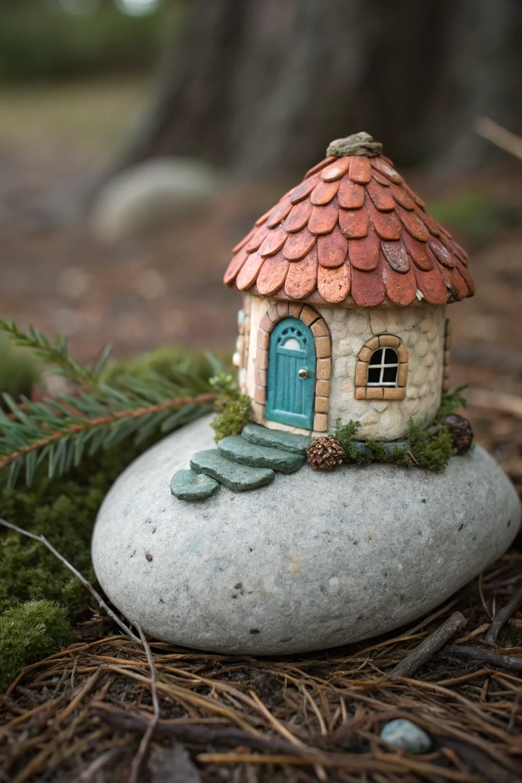 Tiny clay fairy house on a pebble, a cozy forest treasure in warm minimalist style.