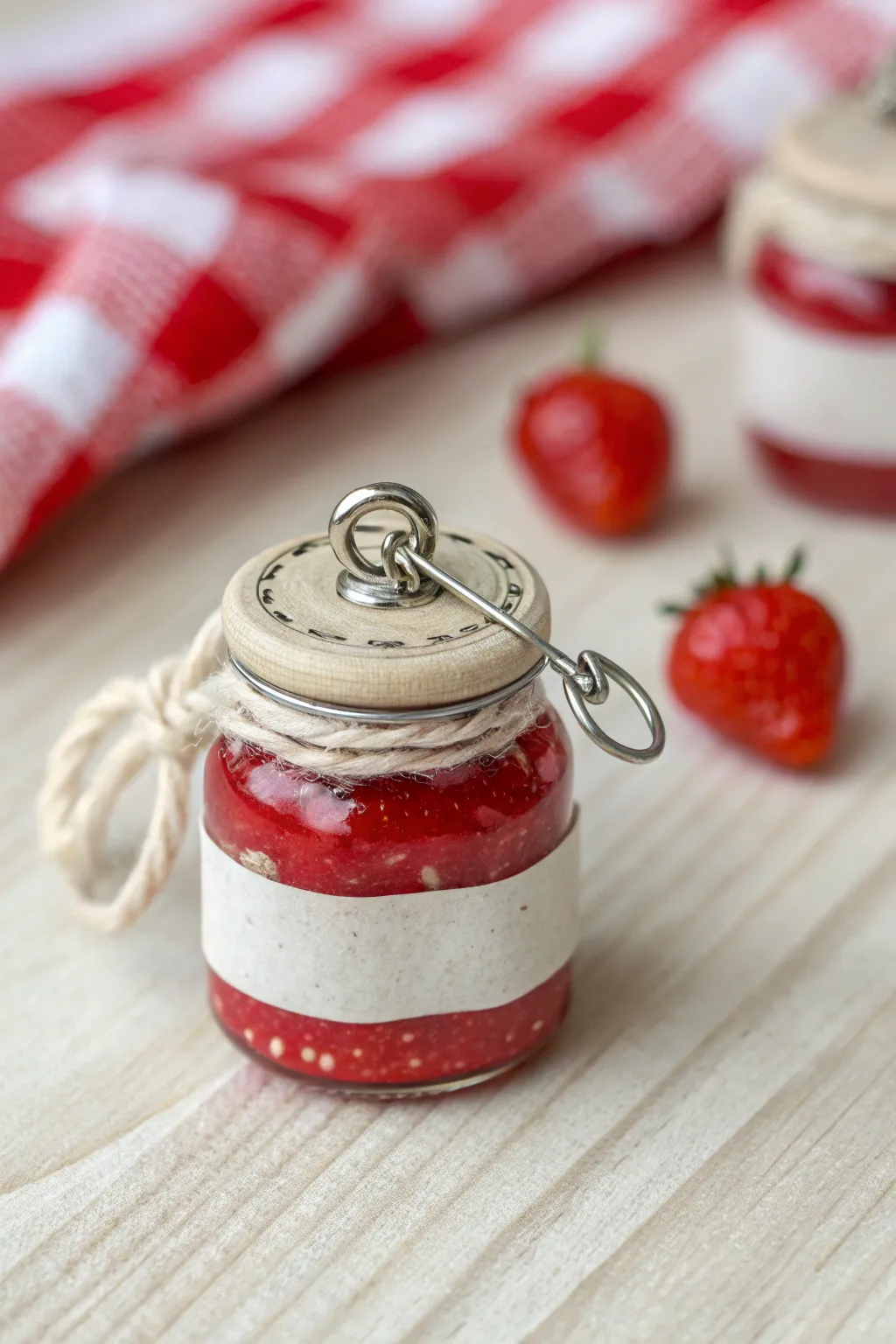 Tiny strawberry jam jar charm in glossy red clay, minimalist Nordic styling with a soft gingham touch.