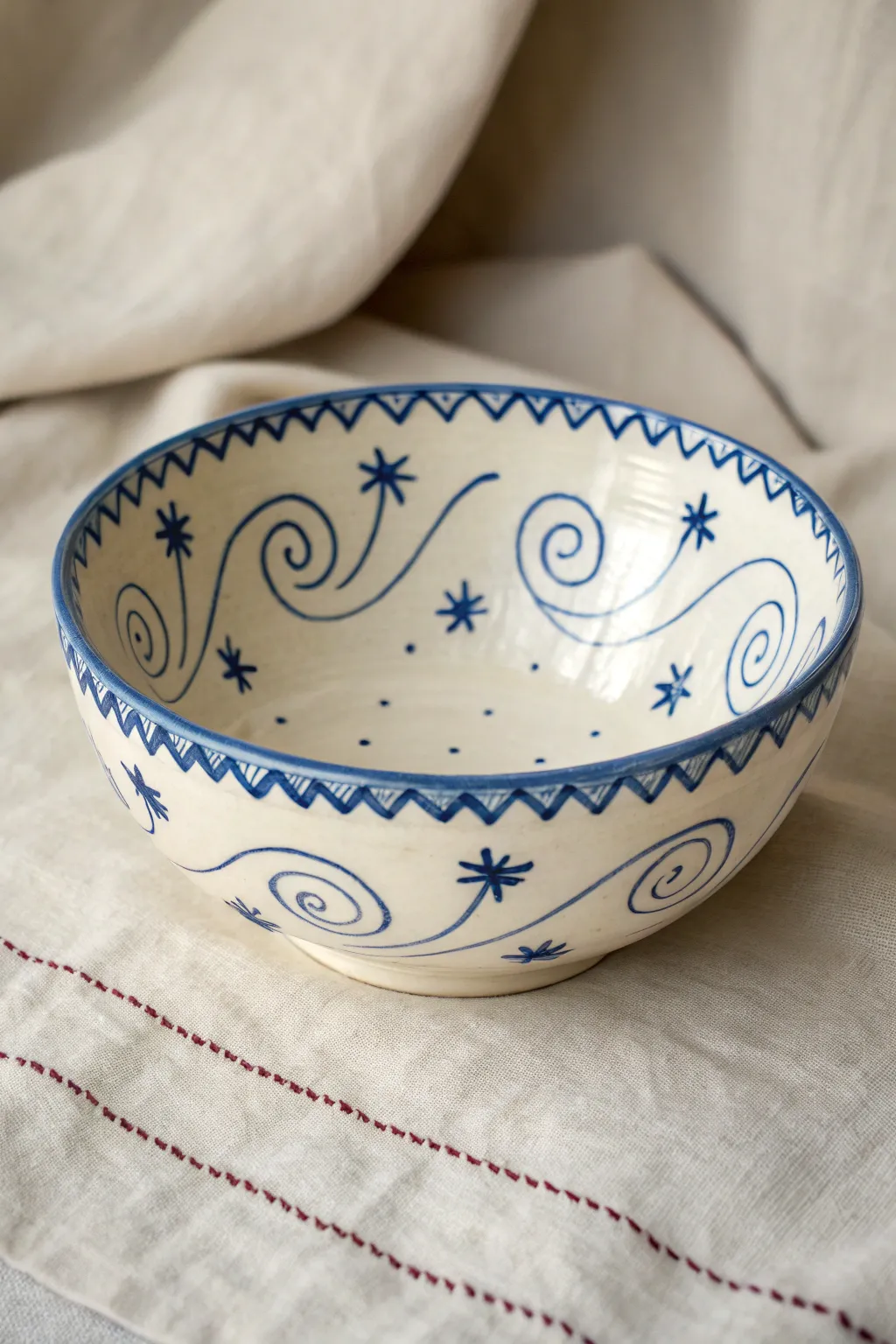 Minimalist white bowl with cobalt underglaze trailing doodles, sealed under clear gloss