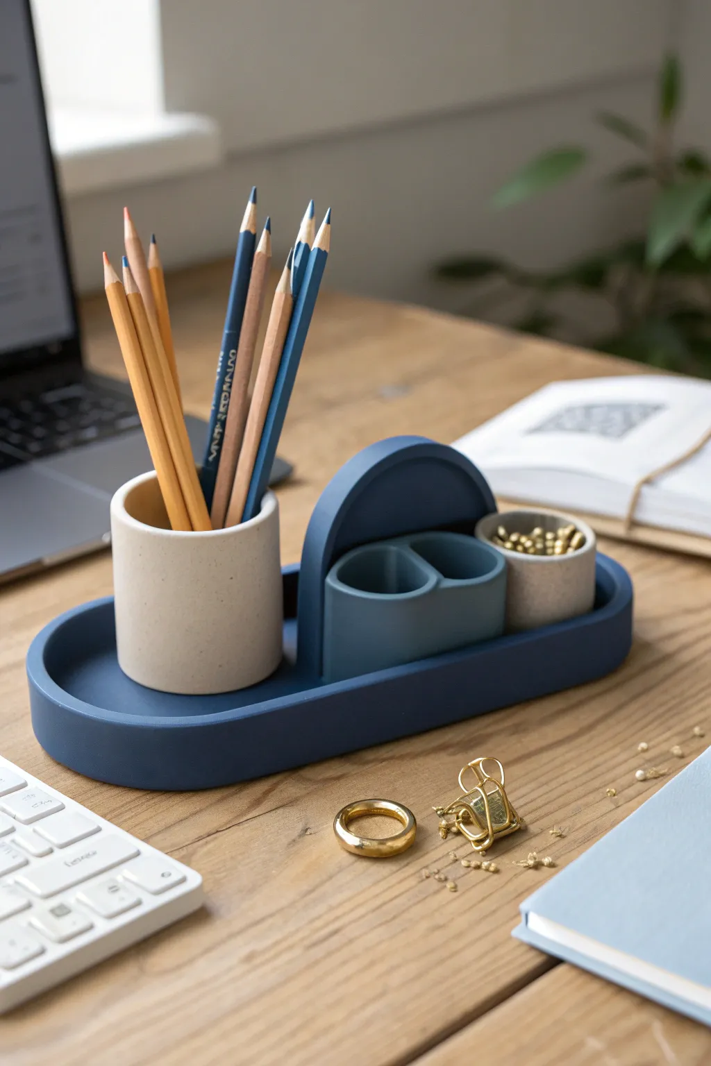 Modern air dry clay desk trio in bold matte colors for a clean, calm workspace