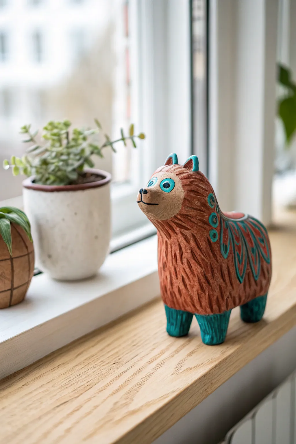 Cozy studio shelf with a shaggy clay critter, bold glaze contrast and handmade fur texture.