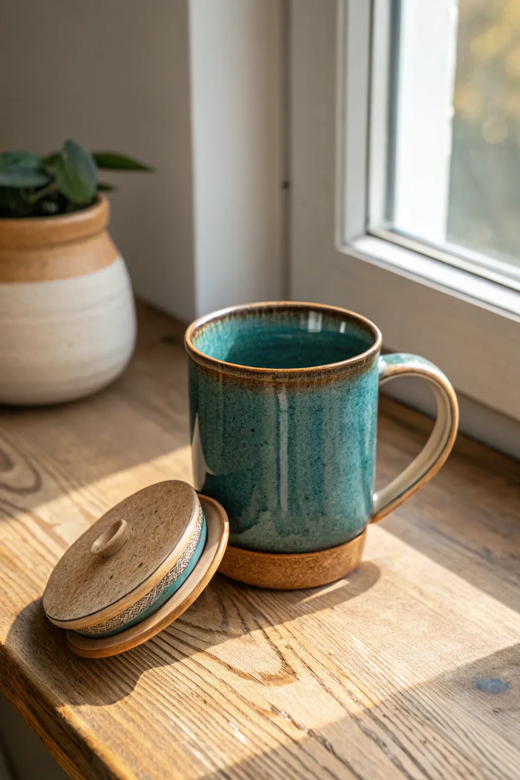 Lidded clay mug for easy tea-steeping and heat-keeping, minimalist design with bold color.