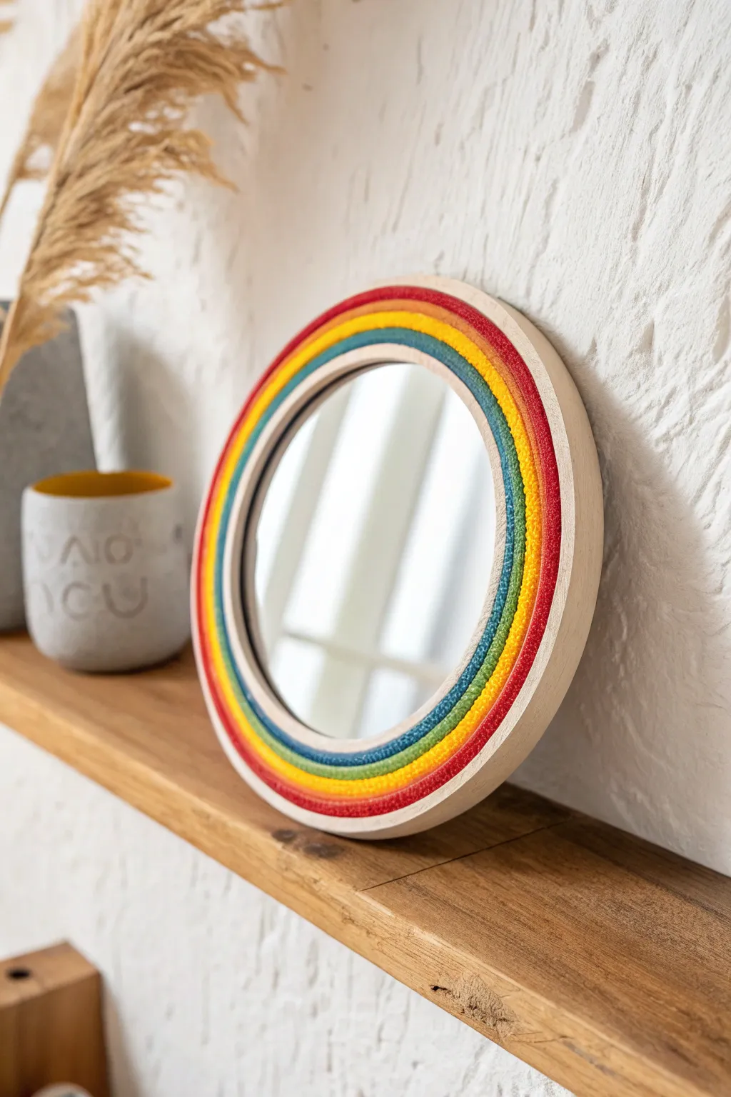 Bright rainbow-edged clay mirror adds a minimalist pop of color to your cozy shelf styling.