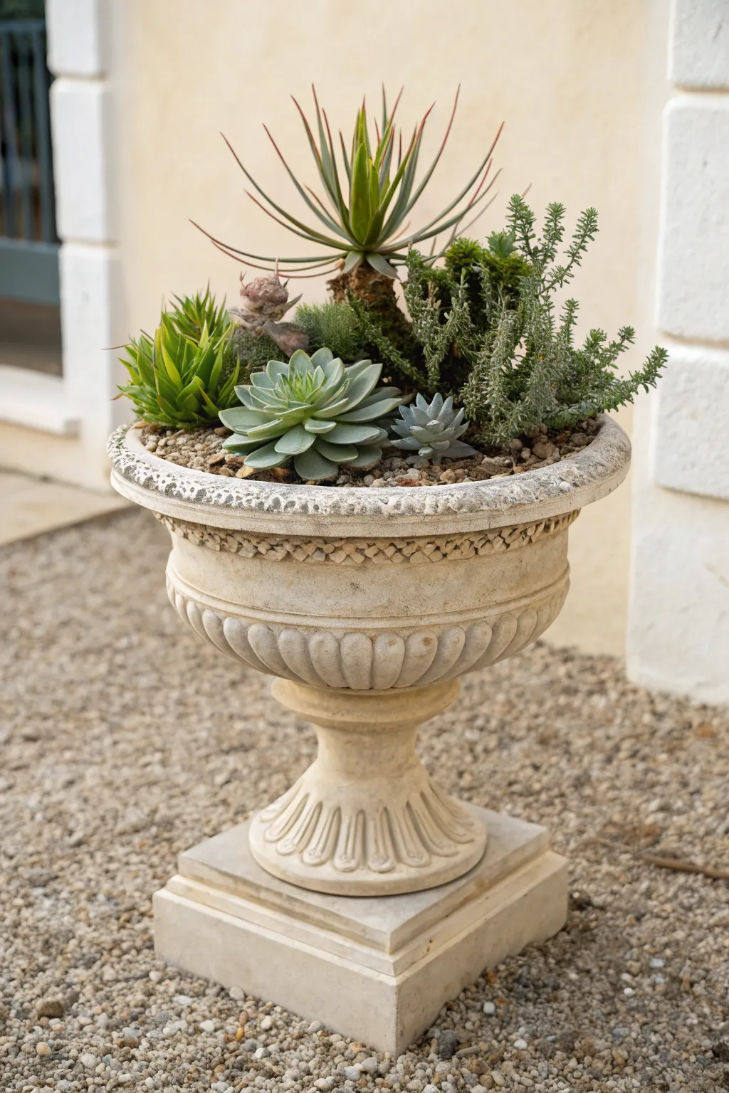 Pedestal urn planter with bold drought-tolerant shapes for an effortless, minimalist look