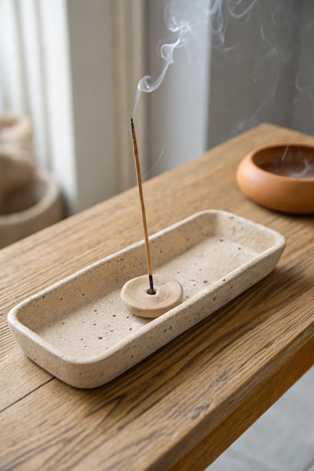 Air dry clay incense tray that catches ash, styled for a calm Scandinavian boho spa nook