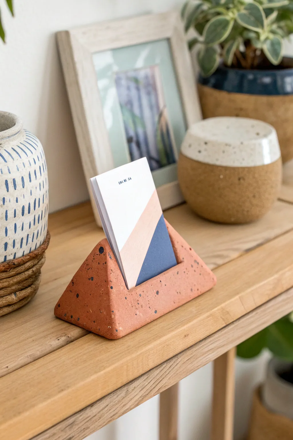 Minimal clay photo holder with a postcard slot, simple Scandinavian style with bold color contrast