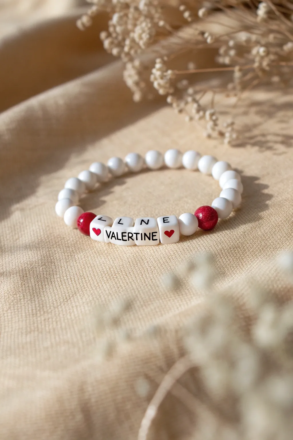 Minimal white clay bead bracelet with two initials and a tiny red heart divider for Valentine charm.