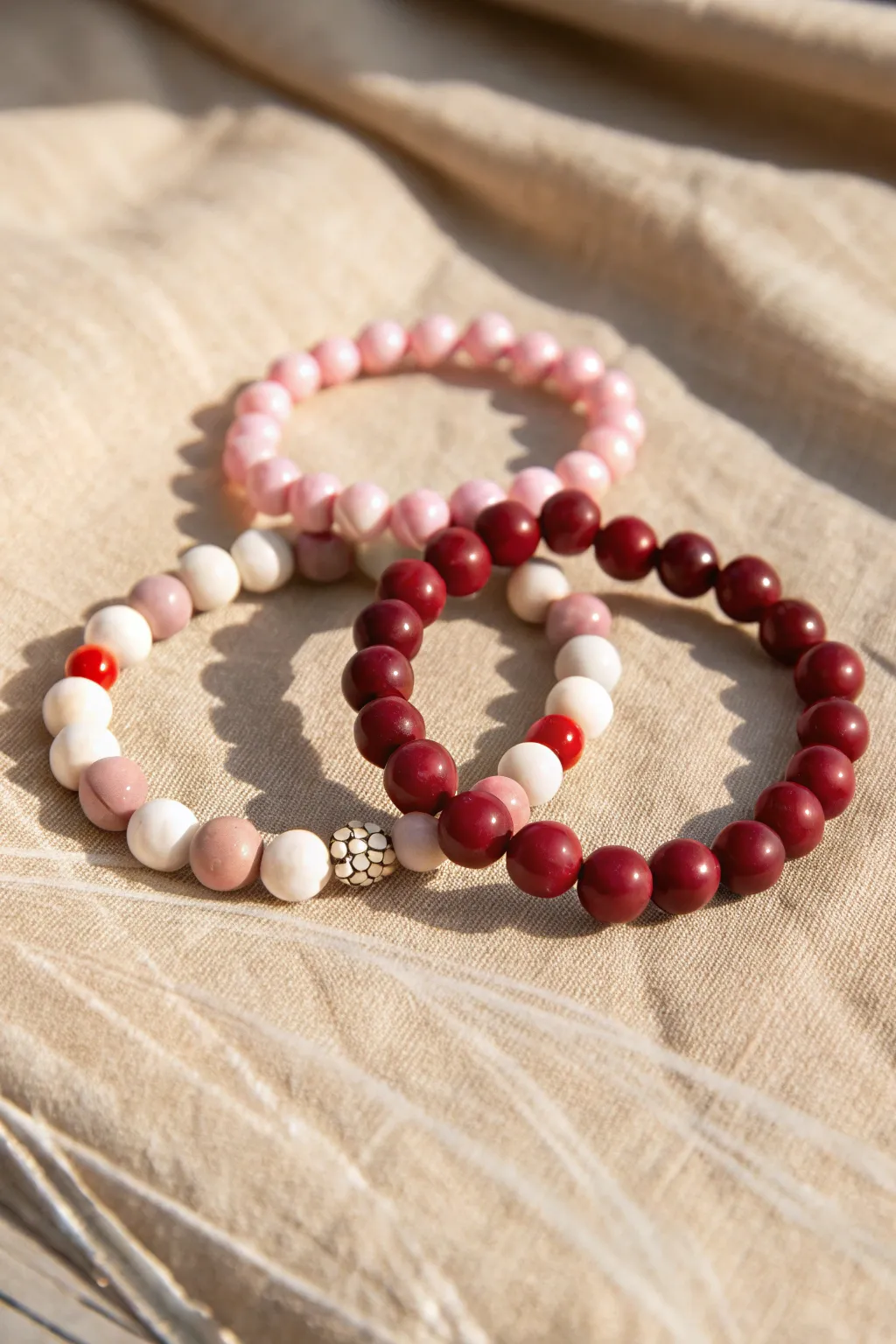 Besties matching clay bracelets in Valentine shades, minimalist boho styling with bold contrast