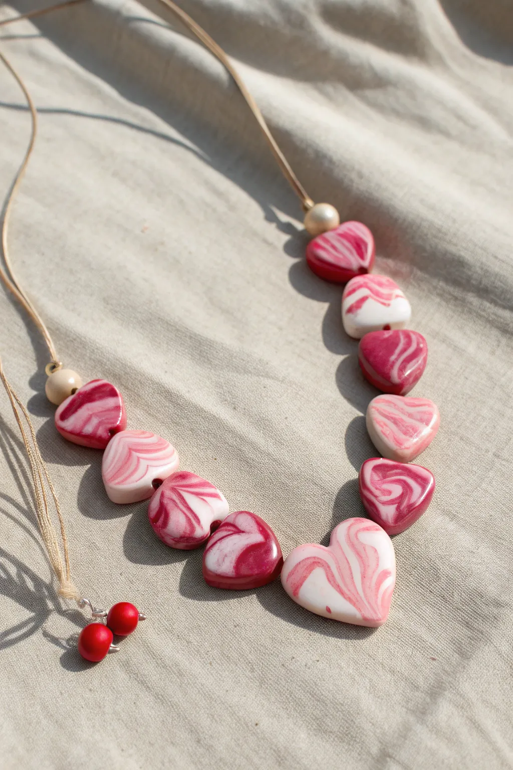 Chunky marbled heart beads in pink and red, a sweet minimalist Valentine charm for clay lovers.