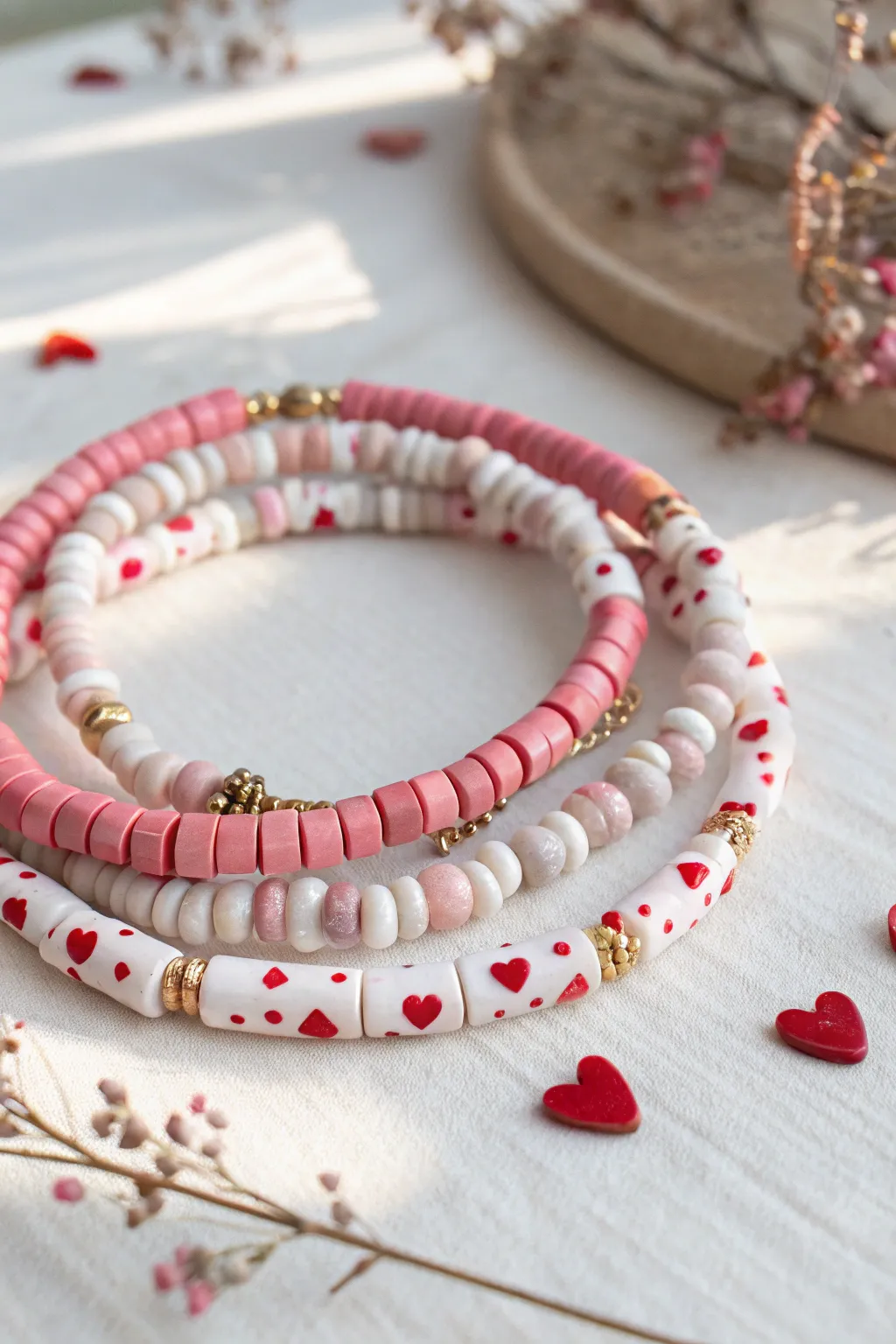 Mini heart beads like confetti on a pink heishi bracelet, paired with a simple red stack.