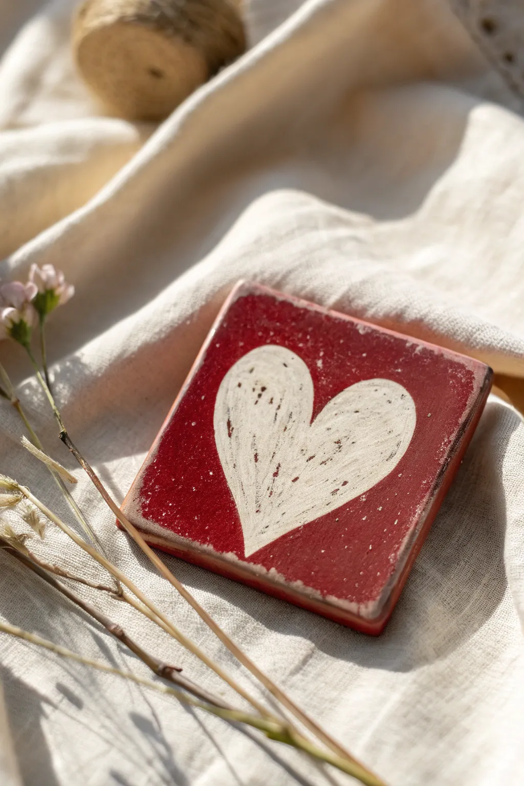 Sgraffito heart tile keepsake in bold crimson on raw clay, minimalist Valentine charm.