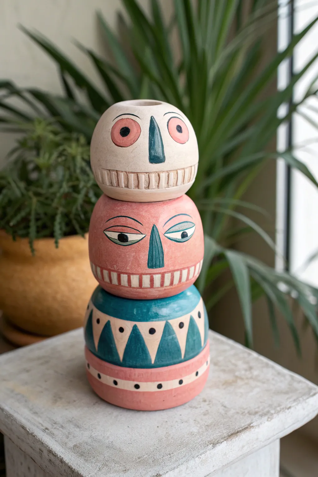 Stack them wrong on purpose: quirky clay face totem in bold colors for playful minimalist decor.