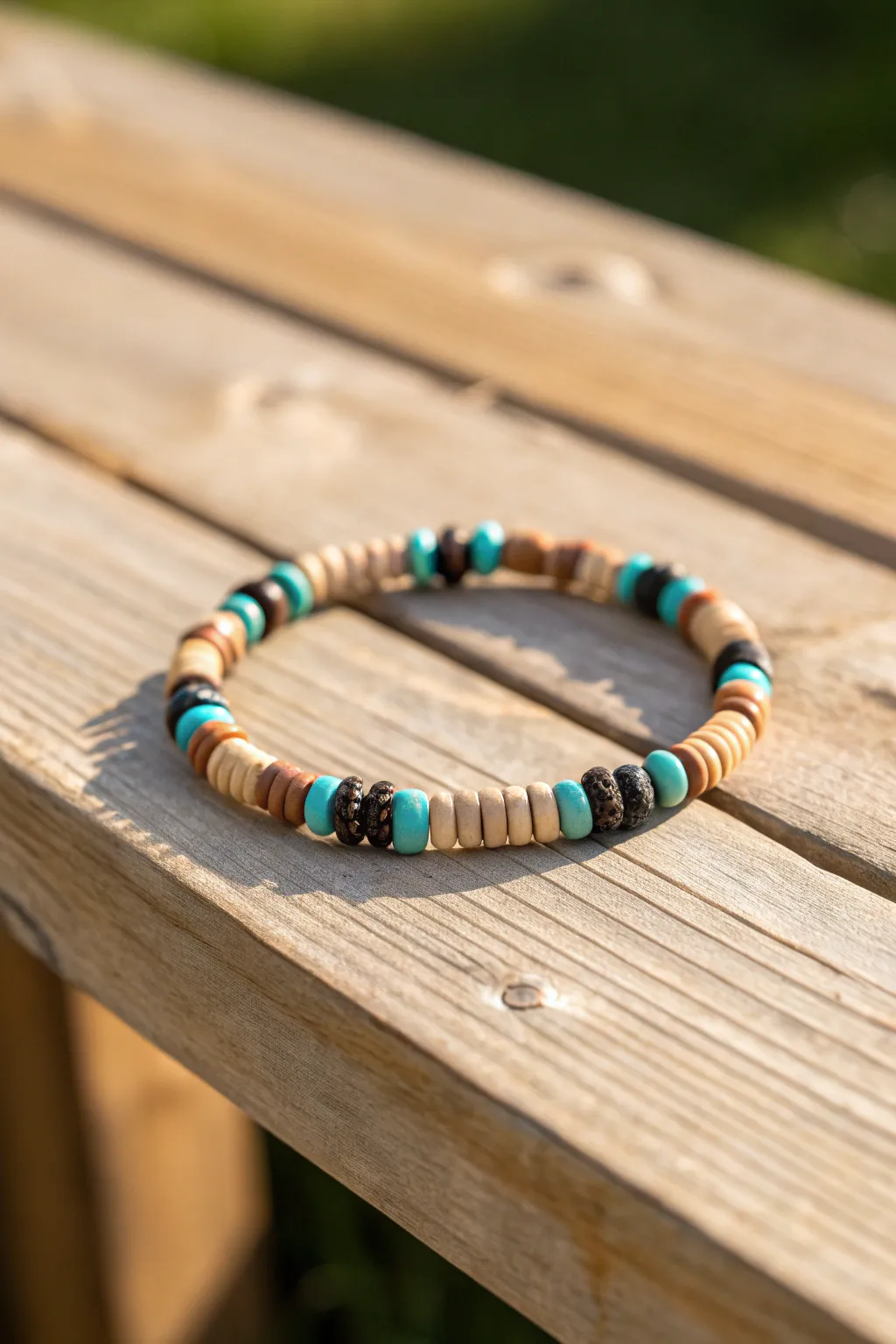 Rustic meets modern: clay heishi beads with wood spacers for a warm western bracelet look.