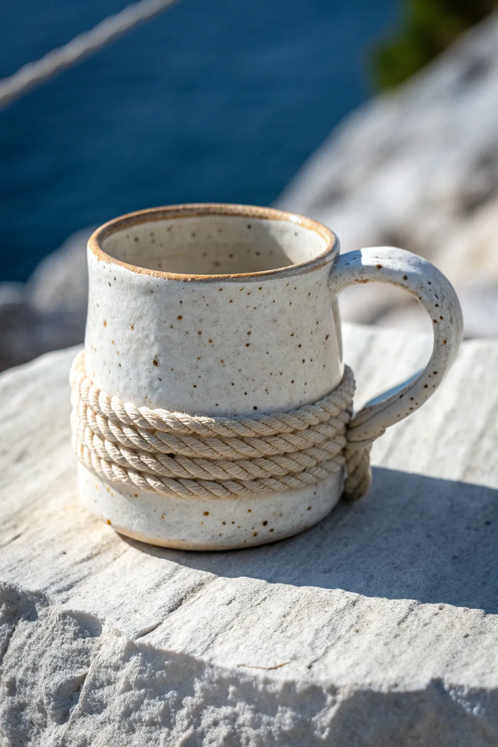 Lasso rope-rim mug in creamy speckled glaze, Western charm with clean minimalist contrast