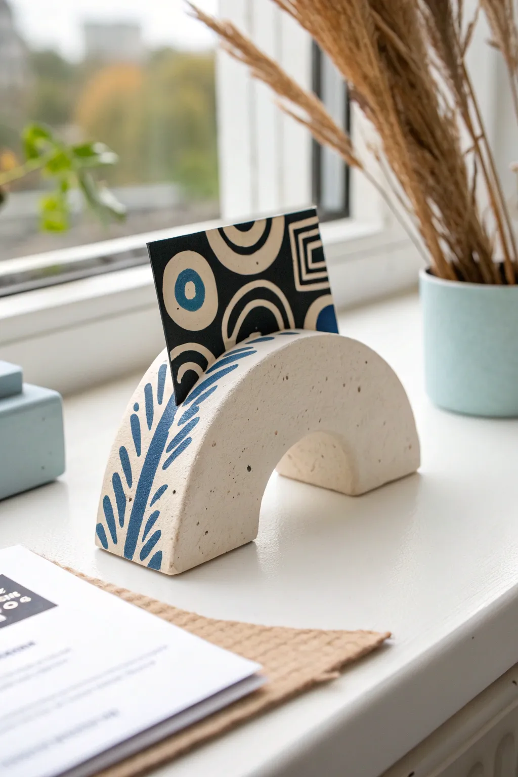 Simple clay arch card holder in bold color, a minimalist way to display your favorite photo