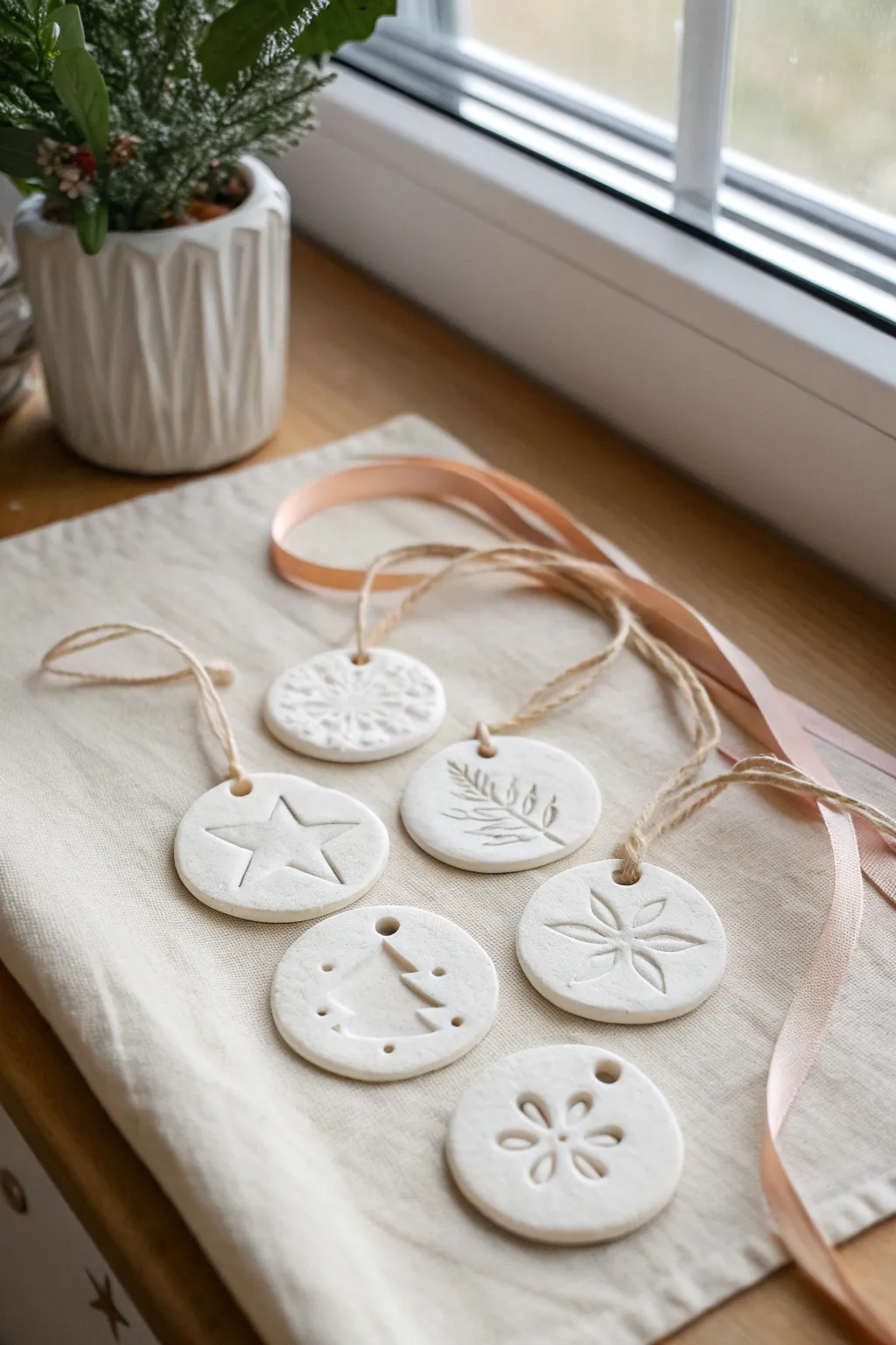 Stamped white clay star and circle ornaments with ribbon on linen, minimal and cozy