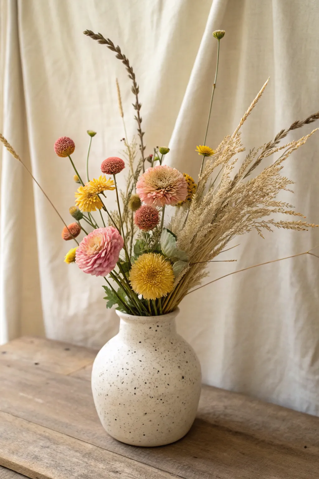 Clustered mini bouquets in a wide mouth vase for a clean, structured look with bold color blocks