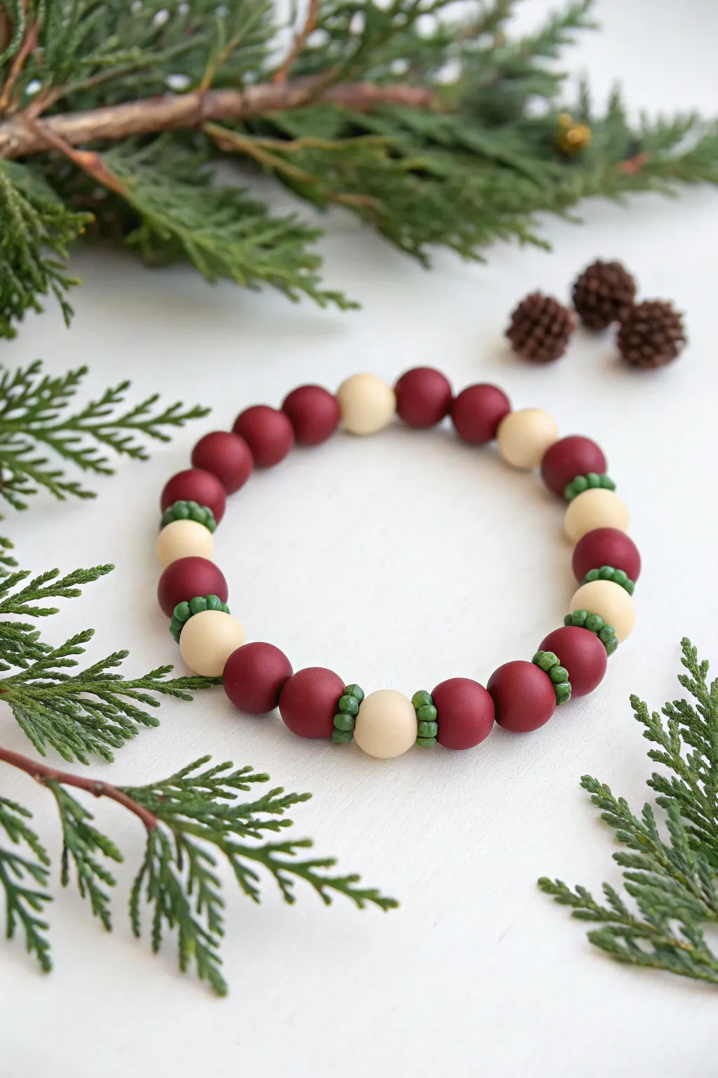 Cranberry and cream clay bead garland bracelet with tiny green accents, styled with evergreen.