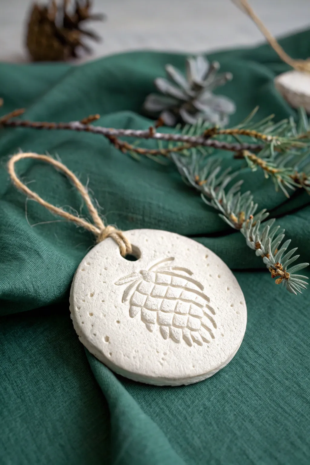 Crisp pinecone-imprint clay ornament with twine hanger, minimalist winter decor with evergreen.