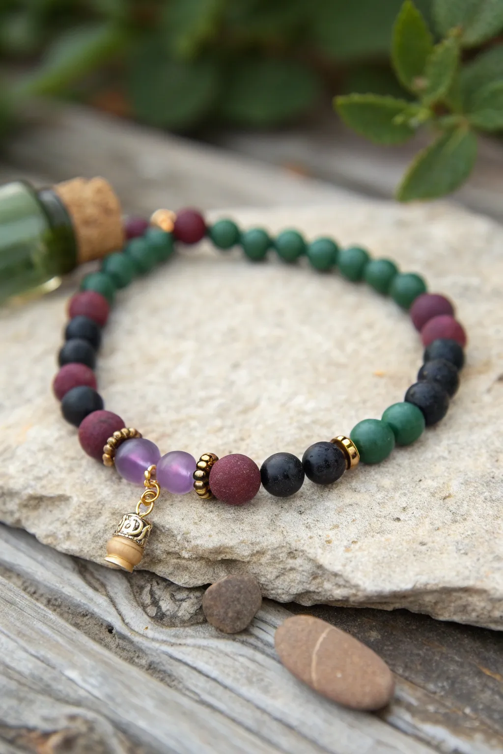 Potion palette clay bead bracelet with tiny bottle charm, bold purple green black, subtle house accents