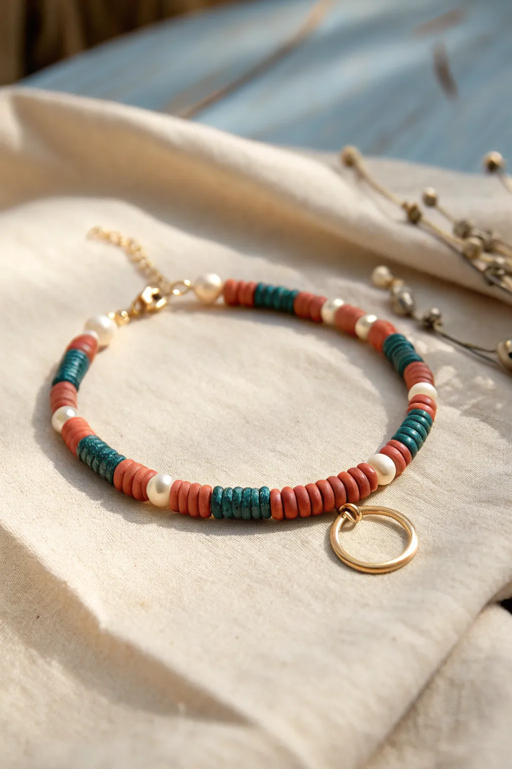 Pearl meets clay: a minimalist heishi bracelet with a luxe contrast for easy everyday layering.