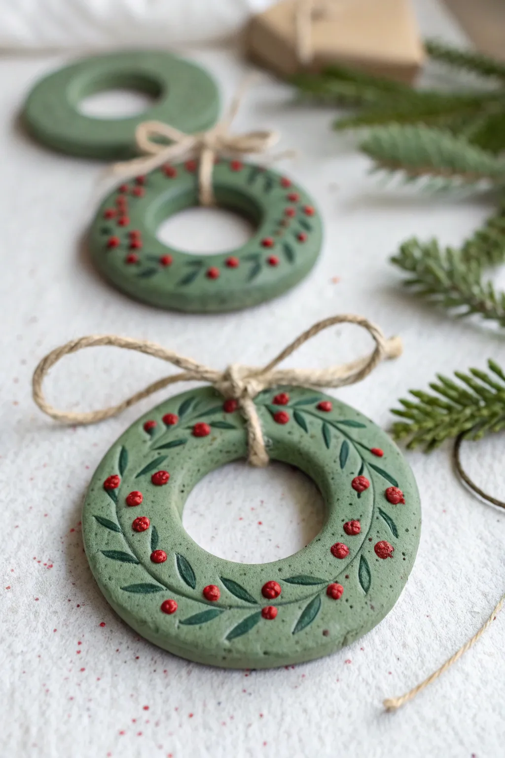 Air-dry clay wreath rings with berry dots and a twine bow for a simple, modern Christmas set