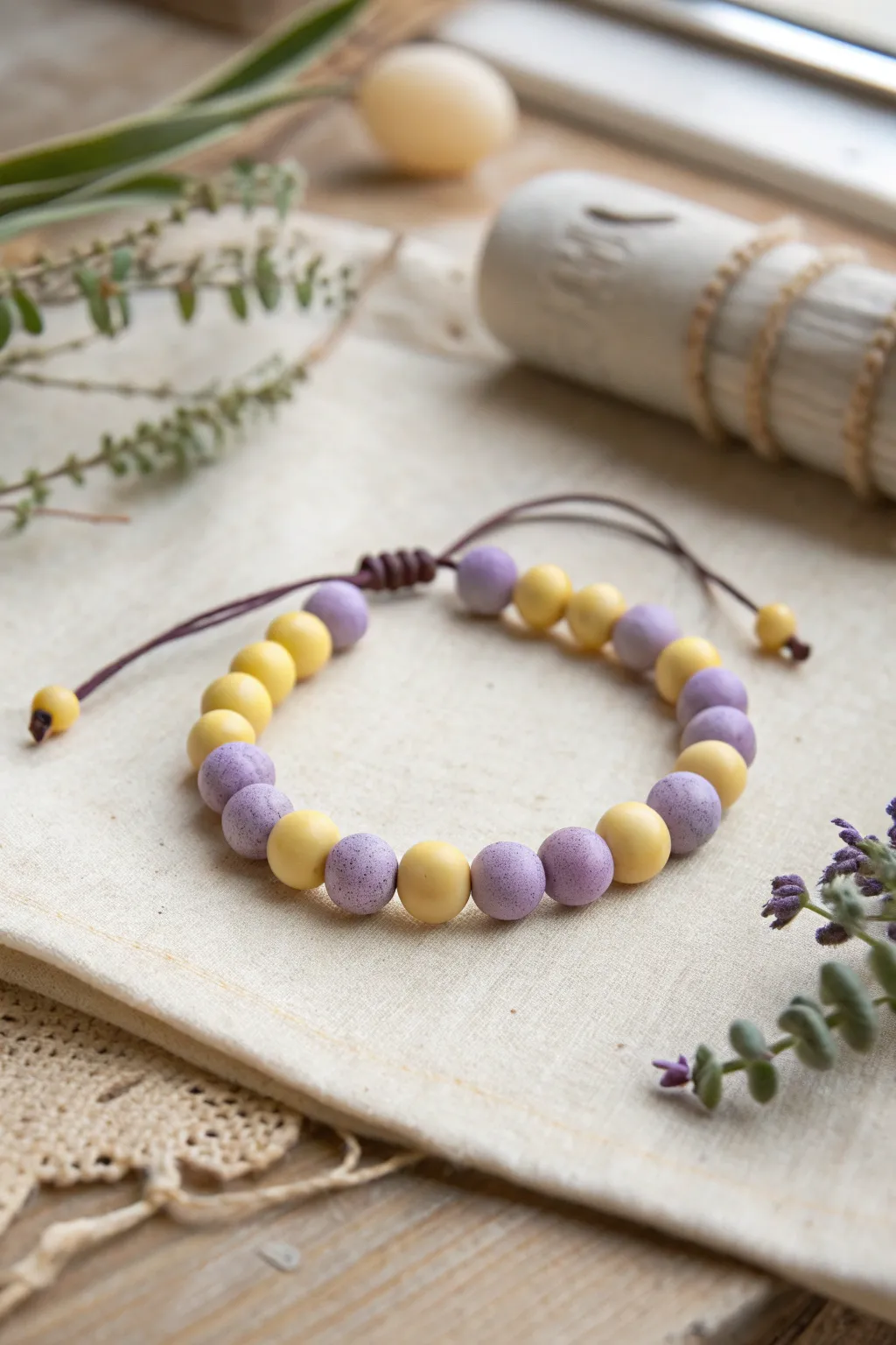 Yellow and lavender clay bead bracelet with bold color-pop charm on a calm neutral backdrop.