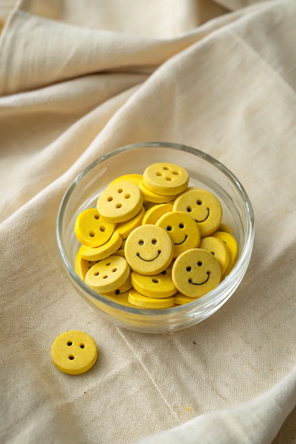 Sunny yellow clay smiley buttons in a glass dish, minimalist boho styling for cheerful DIY inspo.