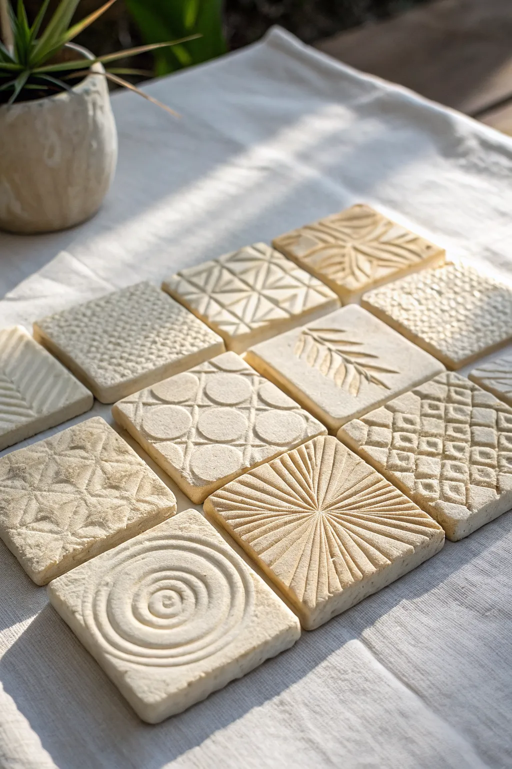 Textured patchwork ceramic tiles in calm neutral tones, each square with a unique tactile pattern.
