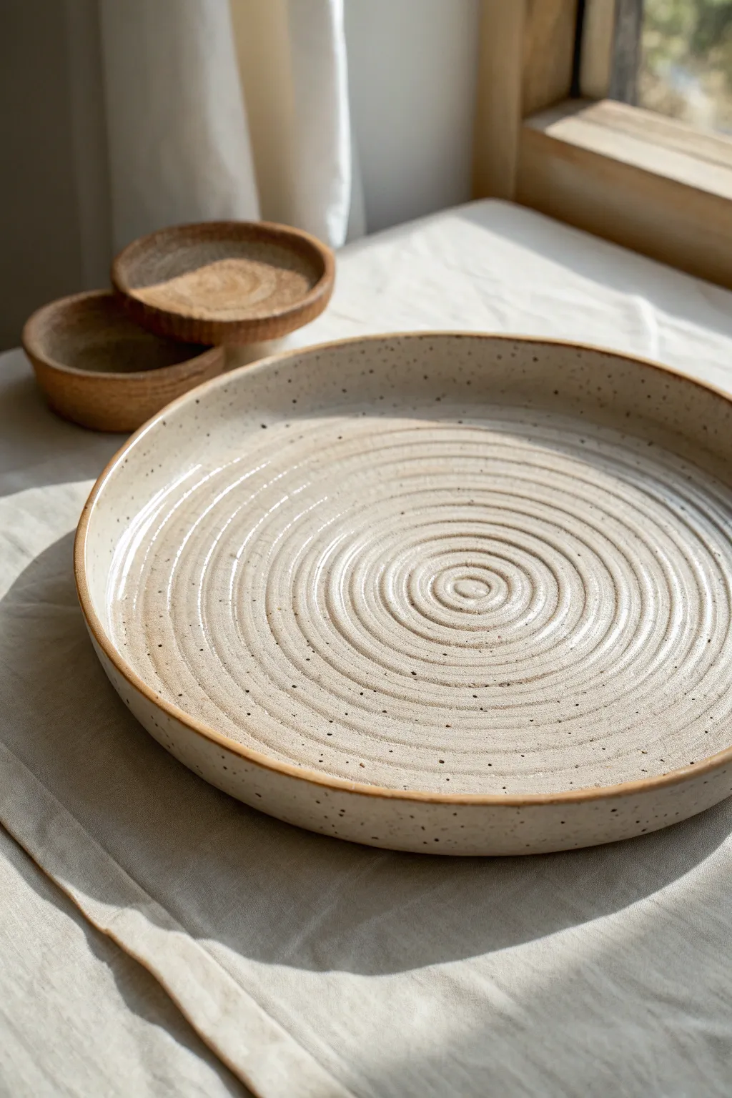 Spiral coil platter with frozen-motion texture, minimalist and calm with warm, earthy contrast.
