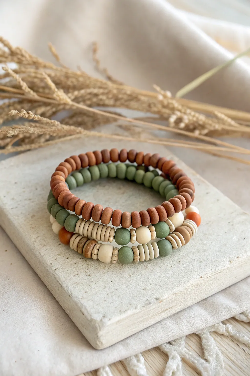 Earthy clay disc bead bracelets in sage and terracotta, styled with dried grasses and linen.