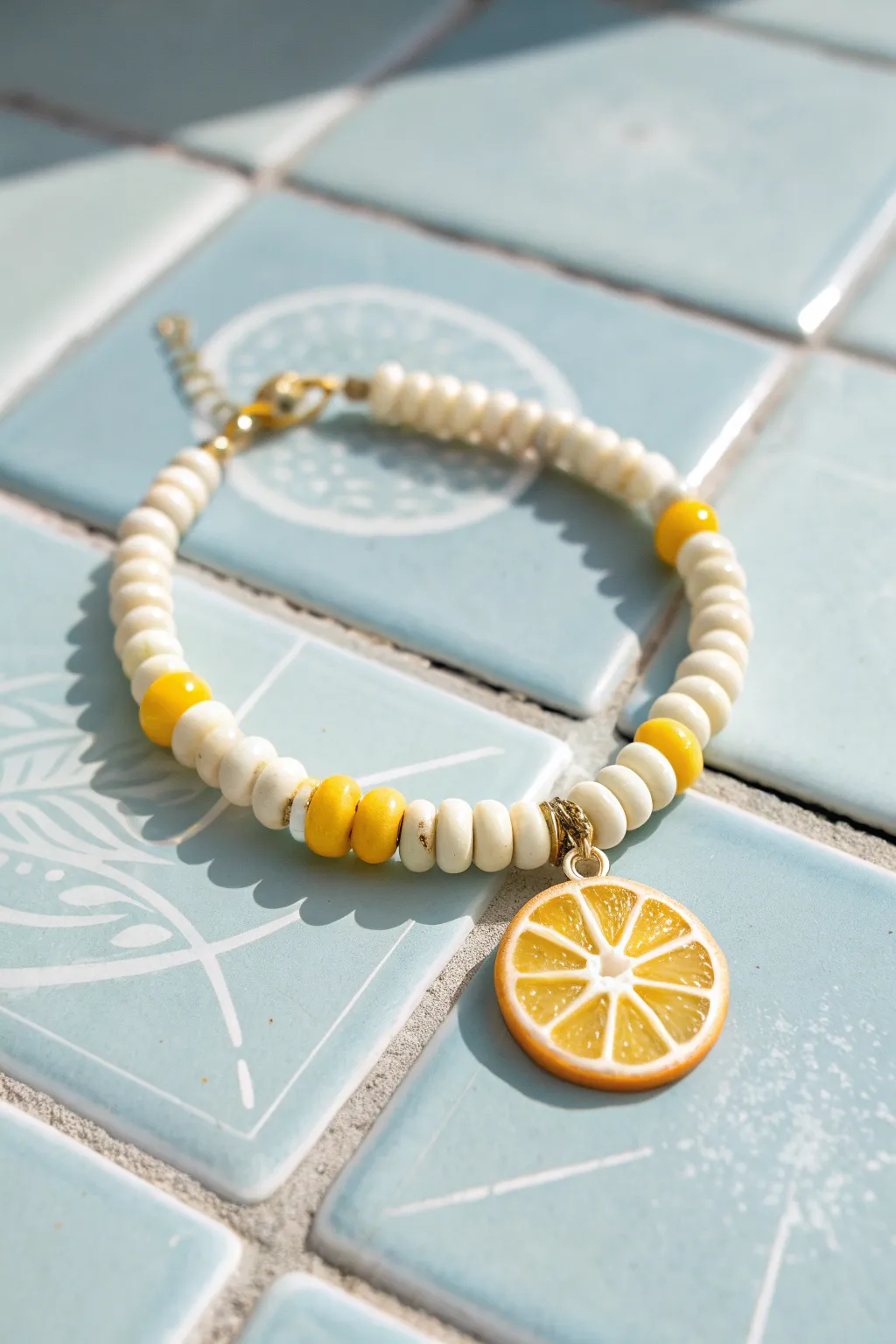 Sunny heishi bead bracelet with a citrus slice charm, styled on cool tile for fresh summer vibes