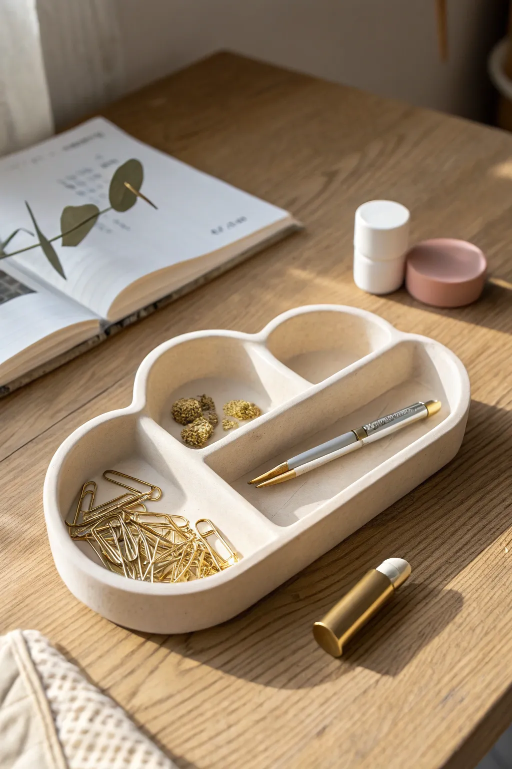 Cloud-shaped clay desk tray with compartments for a tidy, soft-neutral minimalist workspace