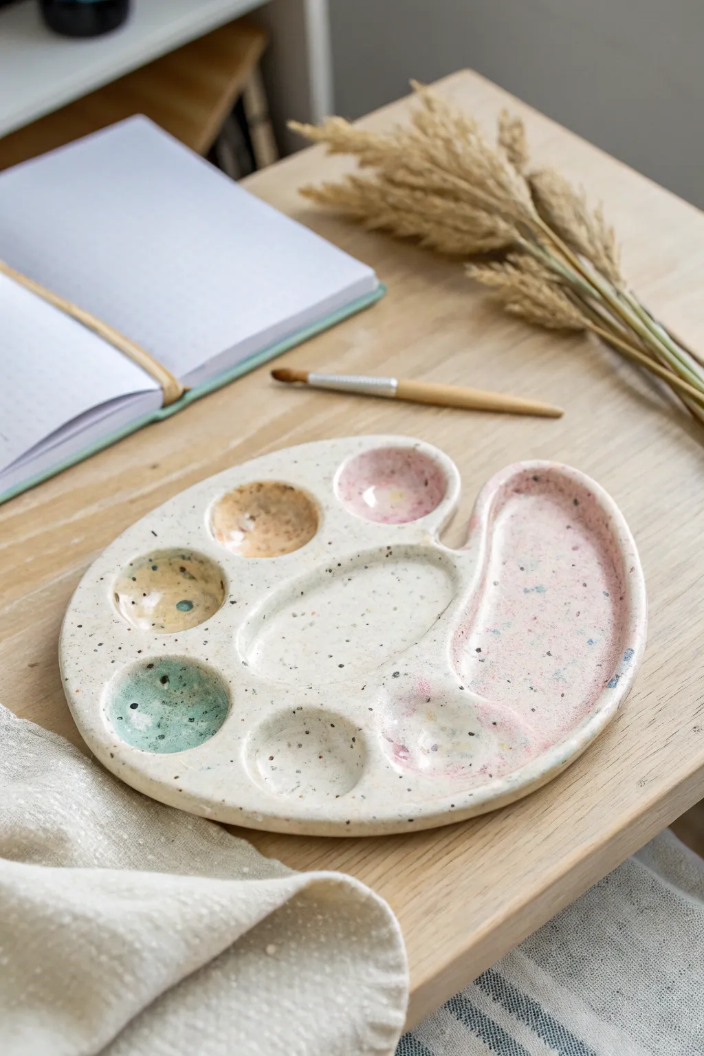 Pastel palette trinket tray brings painterly charm to a calm, minimalist desk vignette.