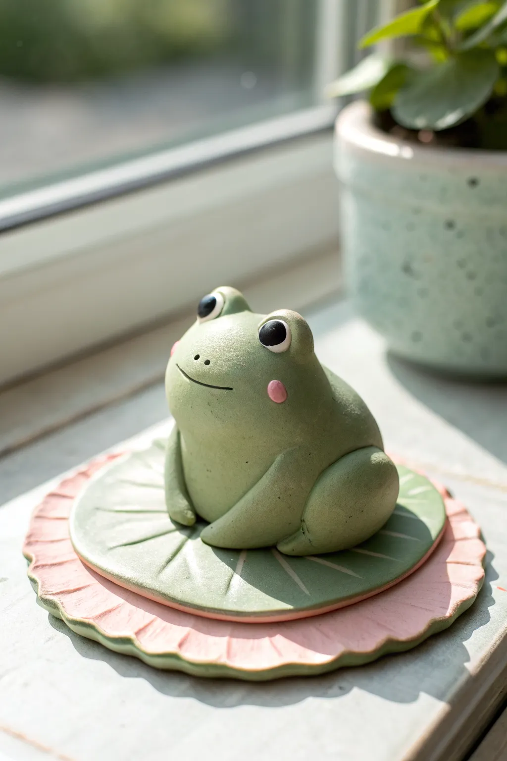 Sweet air-dry clay frog on a lily pad, minimalist and boho calm with soft blush details
