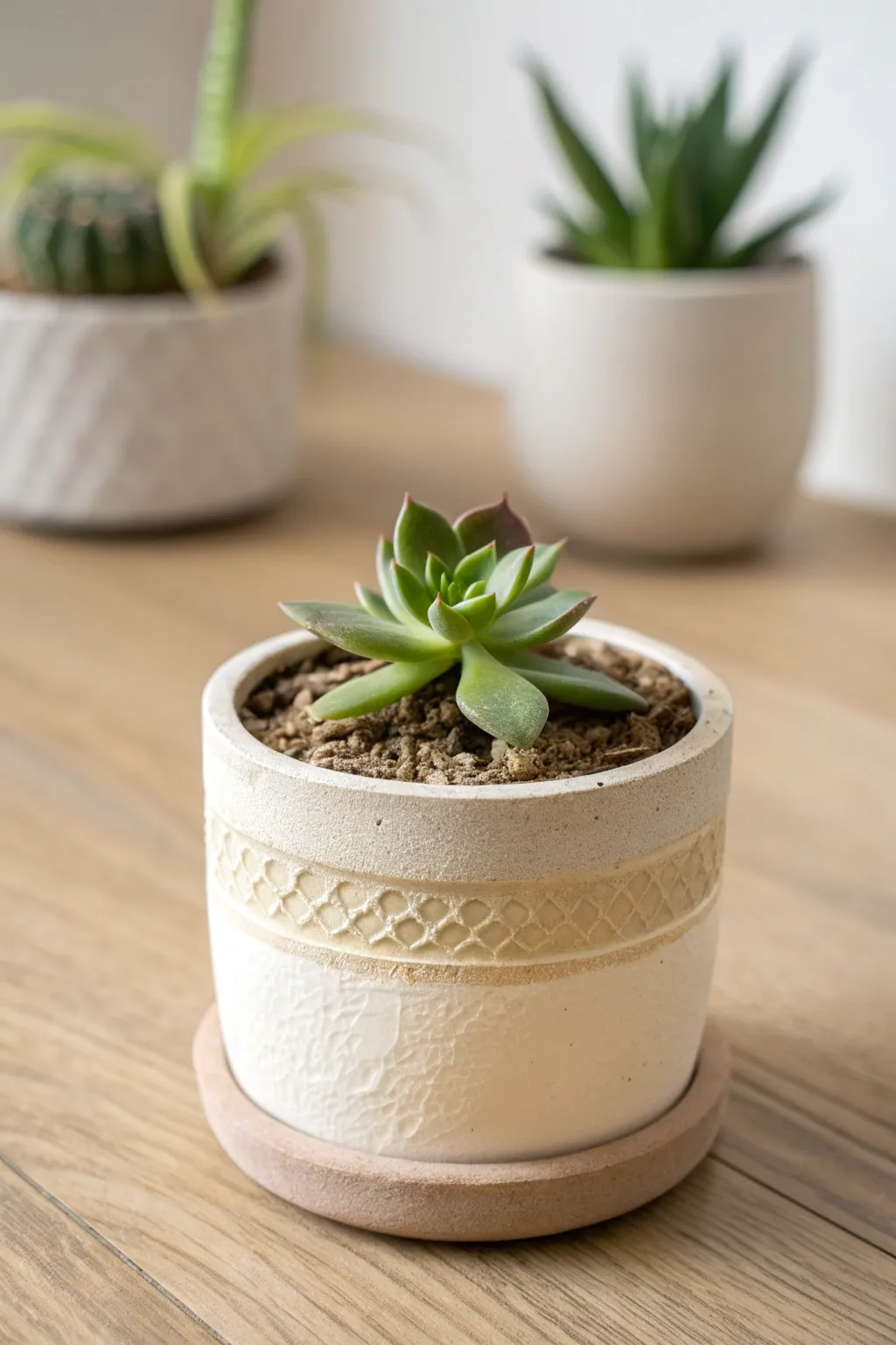 Minimal air-dry clay succulent planter with a soft textured band and calm Nordic styling.