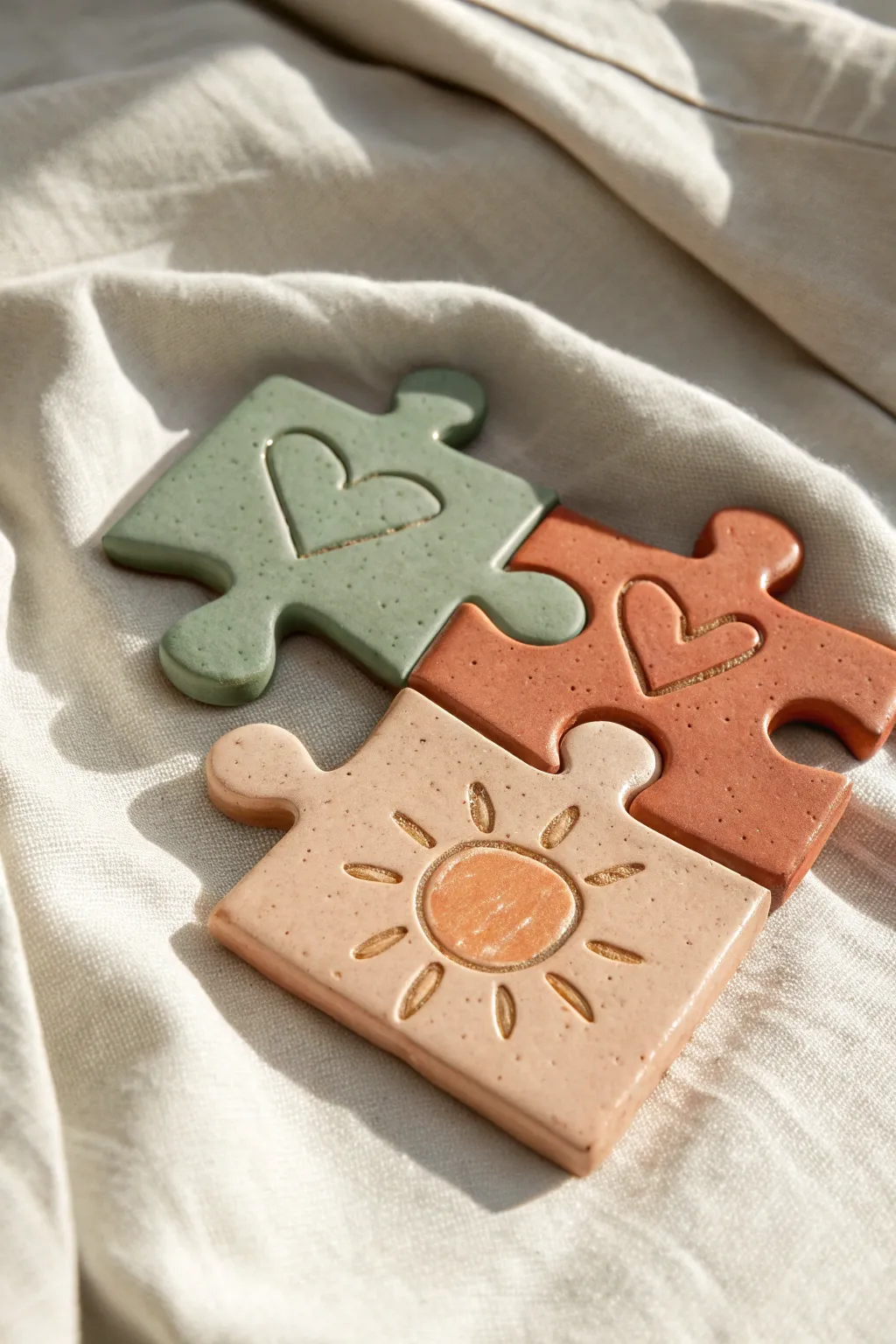 Air-dry clay puzzle keepsake for two, soft minimalist tones and tiny symbols to match.