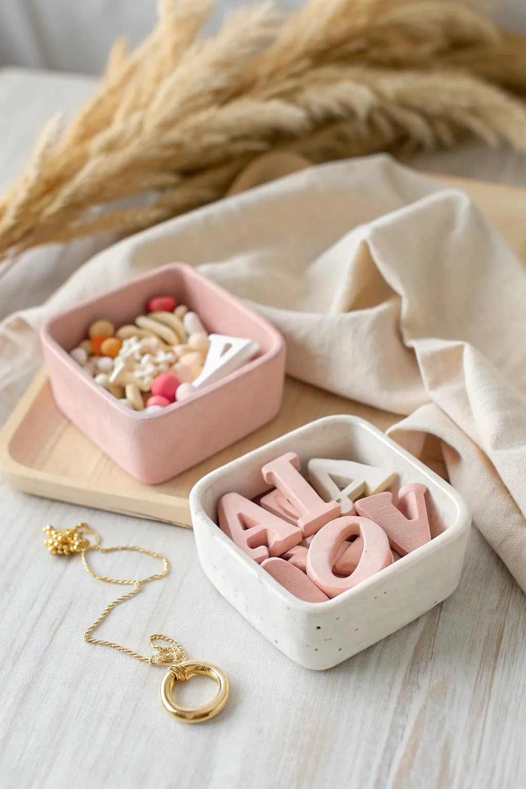 Matte air-dry clay alphabet pinch containers, a minimalist boho way to store earrings and beads